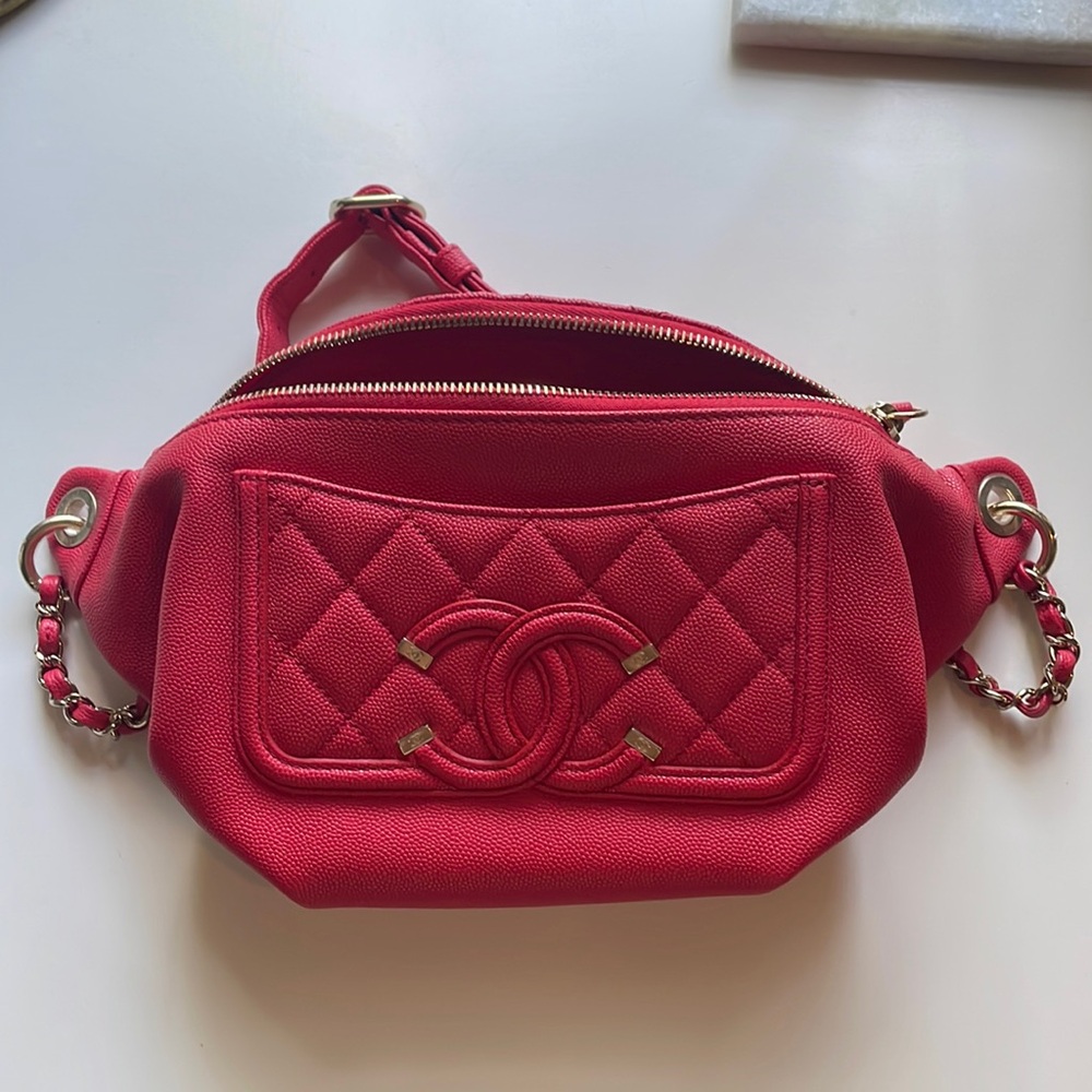 Chanel Red Quilted Caviar Leather Logo Waist Bag